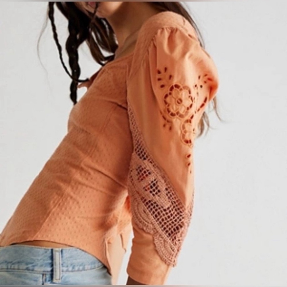 NWT Free People Brunch Date Crochet Detail Top Peach Copper Orange XS NWT